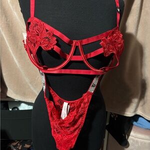 VS Elegant Red Lace Lingerie Set